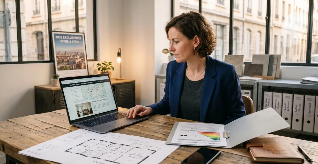 Agent immobilier dans son bureau travaillant sur une annonce immobilière sur ordinateur portable, avec plans et documents techniques (DPE) visibles sur le bureau, lumière naturelle, ambiance professionnelle contemporaine