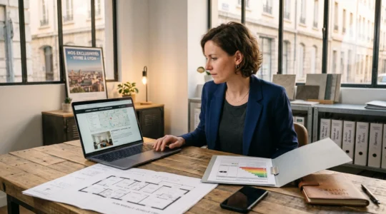 Agent immobilier dans son bureau travaillant sur une annonce immobilière sur ordinateur portable, avec plans et documents techniques (DPE) visibles sur le bureau, lumière naturelle, ambiance professionnelle contemporaine
