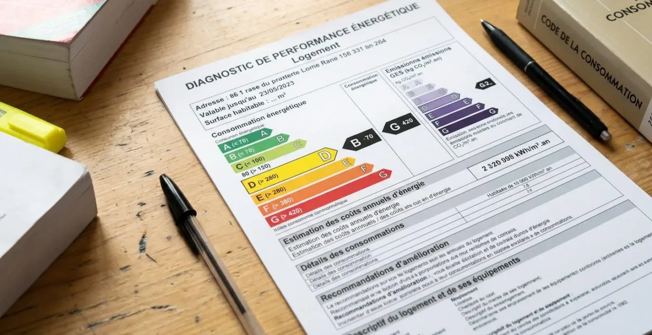 Document DPE (Diagnostic de Performance Énergétique) officiel français posé sur un bureau avec étiquettes énergétiques colorées A à G visibles, à côté d'un Code de la consommation et d'un stylo