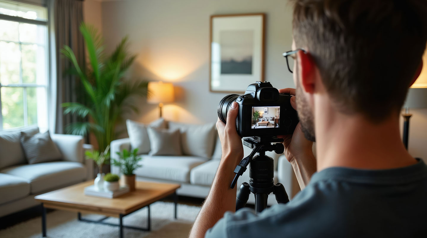 Photographe professionnel immobilier en train de photographier l'intérieur d'un appartement lumineux avec trépied et éclairage LED, matériel technique visible au premier plan